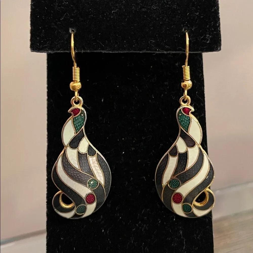 Vintage Cloisonné Black & White Striped Bird Earrings Multicolor Swirl Earrings